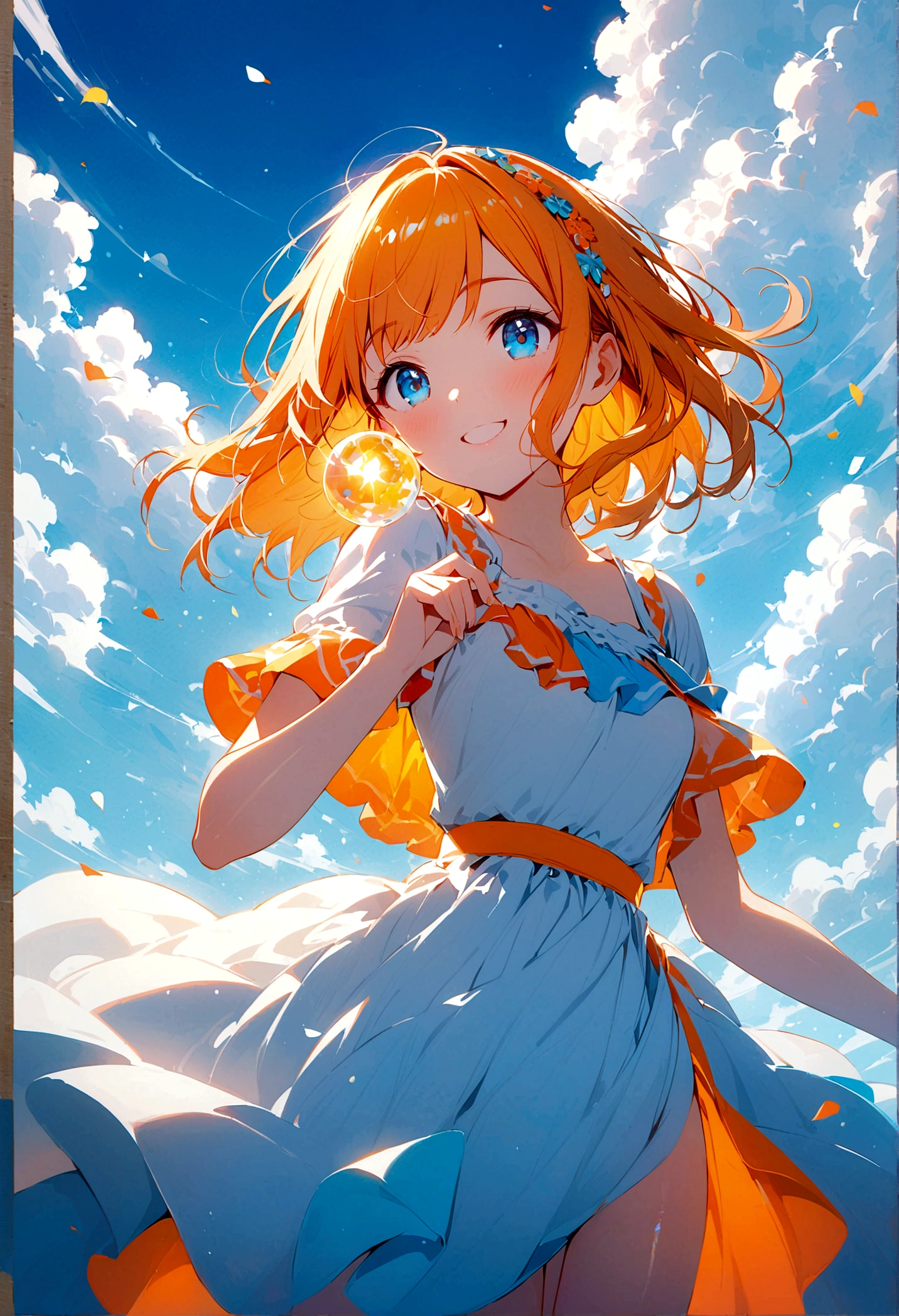 Whole body expression、1 girl、solo、blue eyes、Cyan background、bright、blue sky、cloud、sunny、youth、Blue and white main color、Orange sub-color、ink、soloフォーカス、cool、love、accessories、smile、Beautiful hairstyle、beautiful、beautiful目、Shiny、Very comfortable、