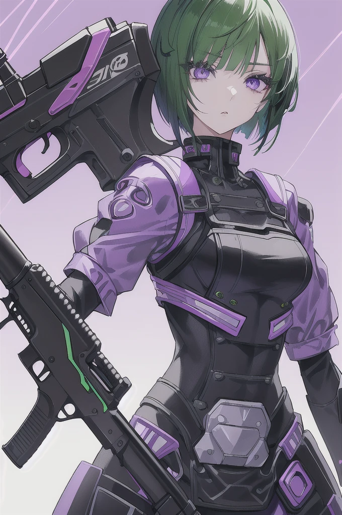 detailed、Slit eyes、Beautiful eyelashes、Purple Eyes、short hair、Green Hair、Upper Body、8K.I have a gun、girl、cyber-clothes、Brave face、Vibrant colors、Strong color scheme、Background Black、Short Bob、