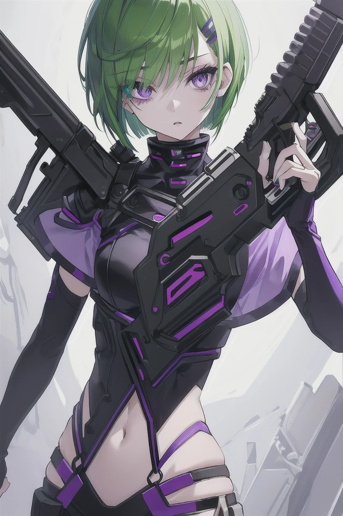 detailed、Slit eyes、Beautiful eyelashes、Purple Eyes、short hair、Green Hair、Upper Body、8K.I have a gun、girl、cyber-clothes、Brave face、Vibrant colors、Strong color scheme、Background Black、Short Bob、