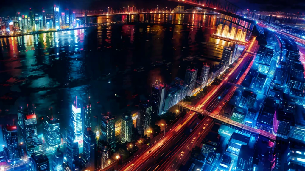 Anime Style,Night view,city,rainbow,traffic jam,building,traffic jam light,lots of,