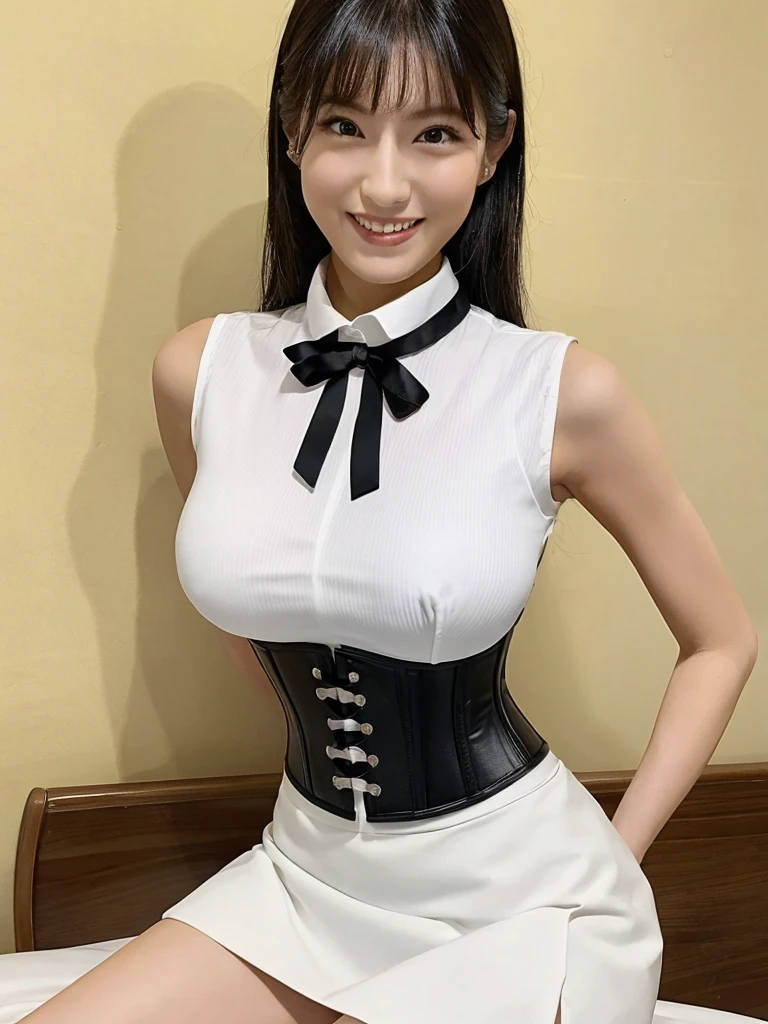 (Highest quality)、(8K)、(masterpiece)、whole body、、Perfect Face、Perfect figure、Big Breasts、Slim and toned waist、Thin and beautiful legs、Looking at me with a smile、On the bed、 White collared sleeveless shirt, black underbust corset、Short tight skirt,