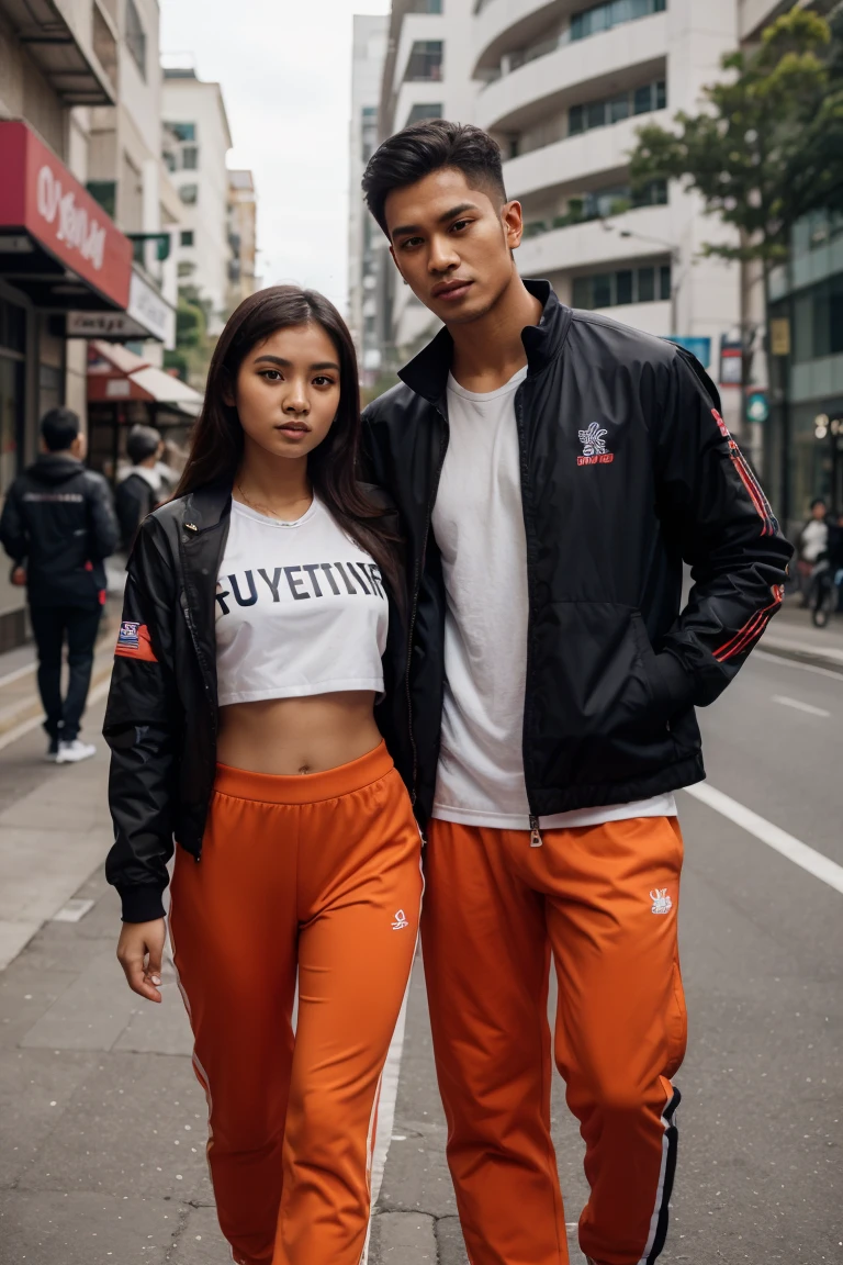 Malay girl and man, Olympic wear set, smart orange and black Olympic wear , super cool designs  outfit , long pants , jacket , aesthetic outfits design 