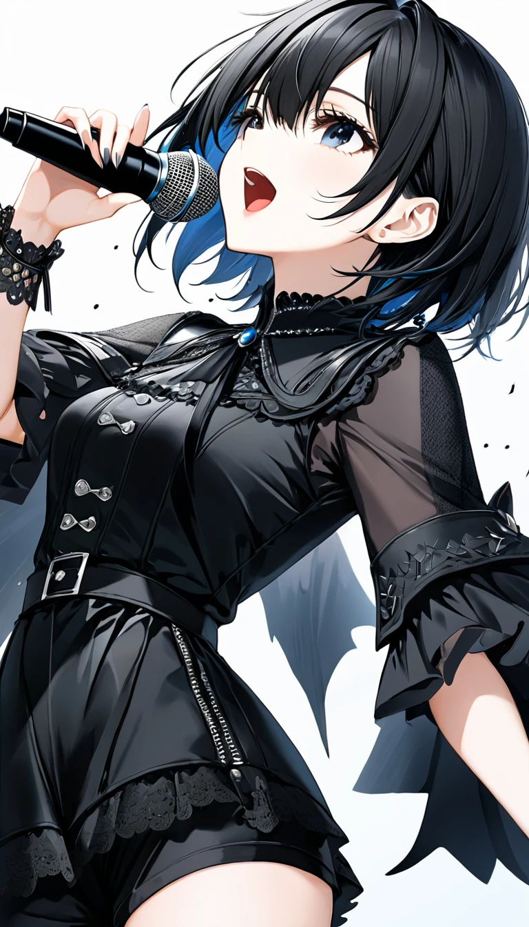 (((White background:1.2)))、(masterpiece、Ultra HD、high quality、4K)、(Scandinavian gothic metal girl holding a microphone and singing with her mouth open), (((very wide shot:1.2))),Highly detailed eyes, Detailed hand and fingers、Short black hair、Black Gothic Dress、Stylish outfit,Shorts、Dynamic pose、Dynamic、(profile)、(Grab the microphone)、smile,(((Look up to the sky:1.2)))