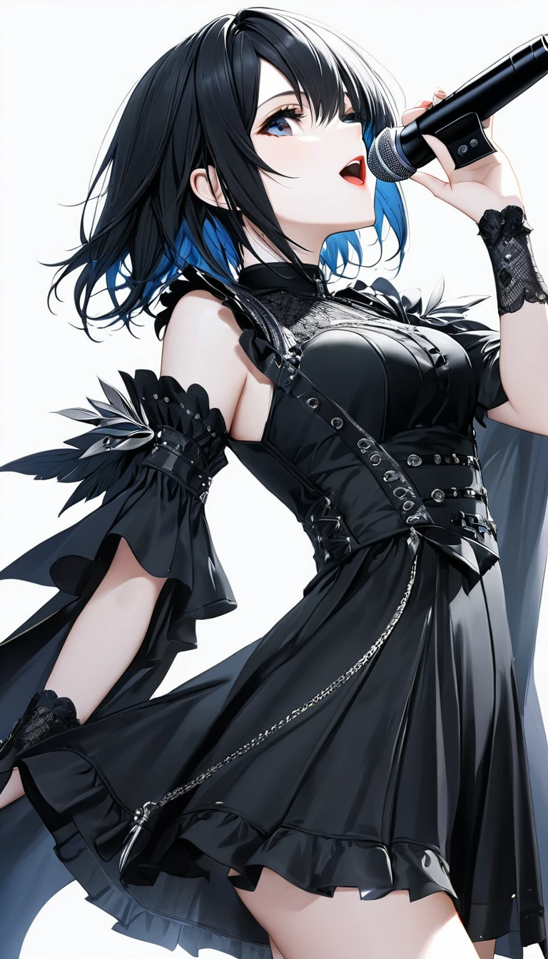 (((White background:1.2)))、(masterpiece、Ultra HD、high quality、4K)、(Scandinavian gothic metal girl holding a microphone and singing with her mouth open), (((very wide shot:1.2))),Highly detailed eyes, Detailed hand and fingers、Short black hair、Black Gothic Dress、Stylish outfit,Shorts、Dynamic pose、Dynamic、(profile)、(Grab the microphone)、smile,(((Look up to the sky:1.2)))