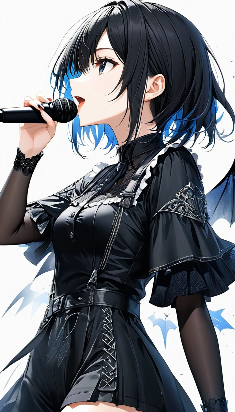 (((White background:1.2)))、(masterpiece、Ultra HD、high quality、4K)、(Scandinavian gothic metal girl holding a microphone and singing with her mouth open), (((very wide shot:1.2))),Highly detailed eyes, Detailed hand and fingers、Short black hair、Black Gothic Dress、Stylish outfit,Shorts、Dynamic pose、Dynamic、(profile)、(Grab the microphone)、smile,(((Look up to the sky:1.2)))