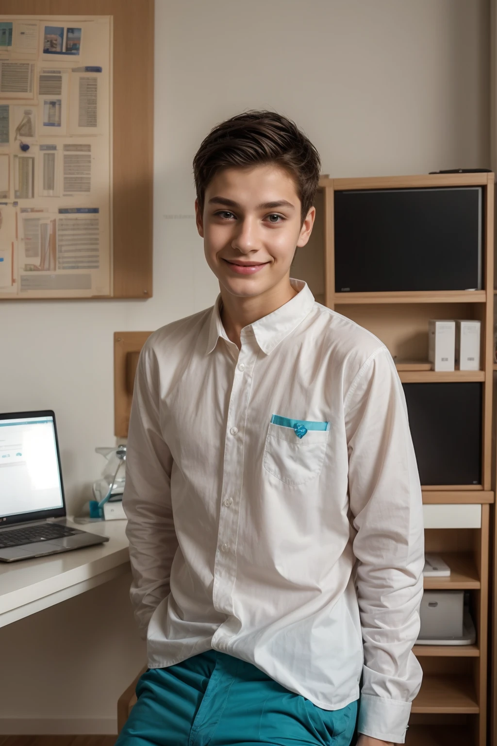 A beautiful young man, a cute male twink, with black hair, wearing a long-sleeved, white shirt and aqua blue pants. He is in his scientific office, sitting on a desk with a medical anatomy book on it, and behind him is a blackboard on which is written the shape of the brain and its anatomy, and next to him is the shape of the heart and its anatomy, and he looks on proudly with a smile on his face. It has reddish makeup