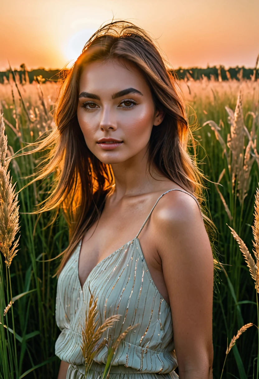a woman standing in a field of tall grass with the sun setting, gorgeous woman, cinematic beautiful natural skin, attractive woman, attractive girl, photo of a beautiful woman, gorgeous attractive face, extremely beautiful face, in a field, beautiful female model, portrait of a beautiful model, soft portrait shot 8 k, beautiful delicate face, a beautiful young woman, attractive beautiful face