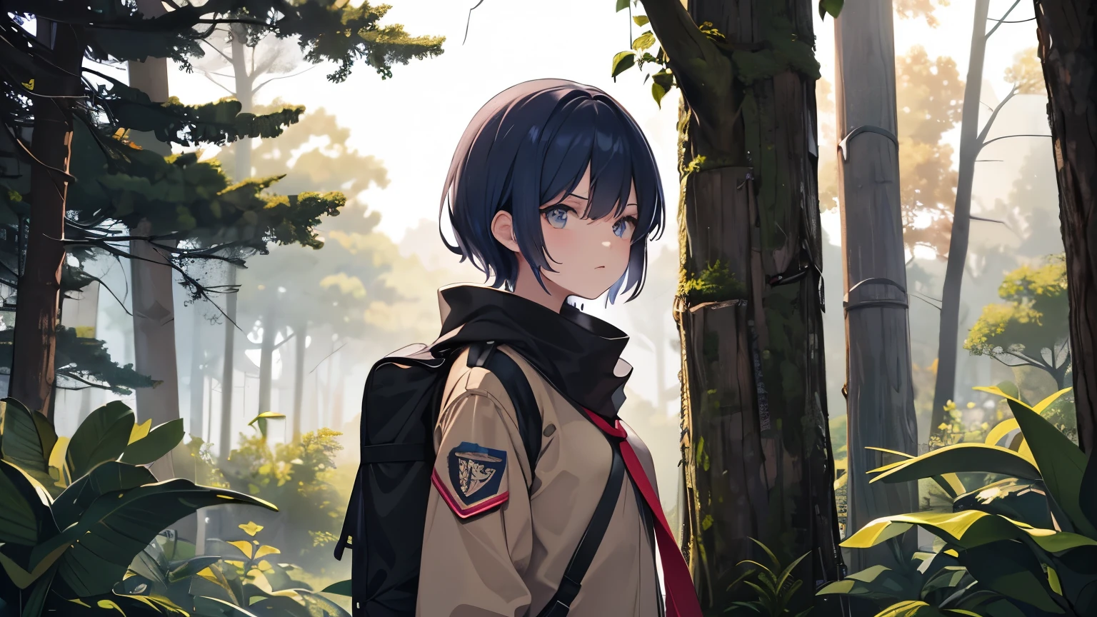 es at night y se ve Una chica de 19 años con cabello corto hasta los hombros de color negro y ojos azules, dressed in a Boy Scout uniform. The girl is wearing an olive green shirt with badges and patches on the sleeves, a red scout scarf around the neck, And brown shorts. He is standing in a natural environment at night, surrounded by trees and vegetation, at night, with a backpack slung over one shoulder and an angry face.