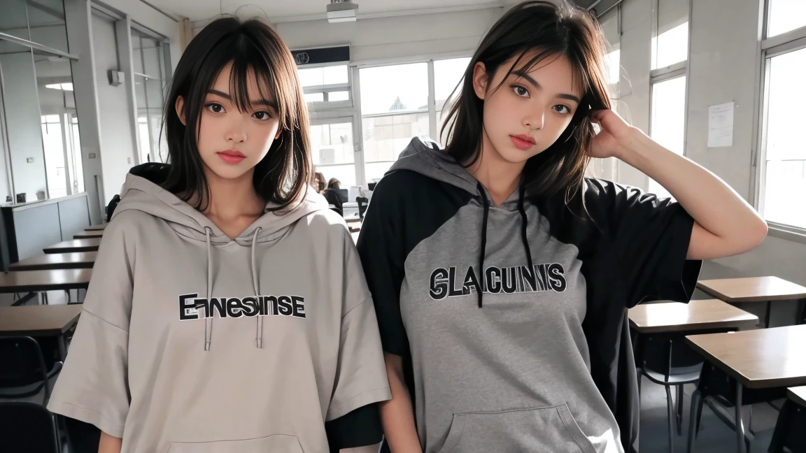 deux femmes ensemble de 18 ans sexy et mince , gray short sleeve hoodie , salle de classe, se touche,position sey,sensuel