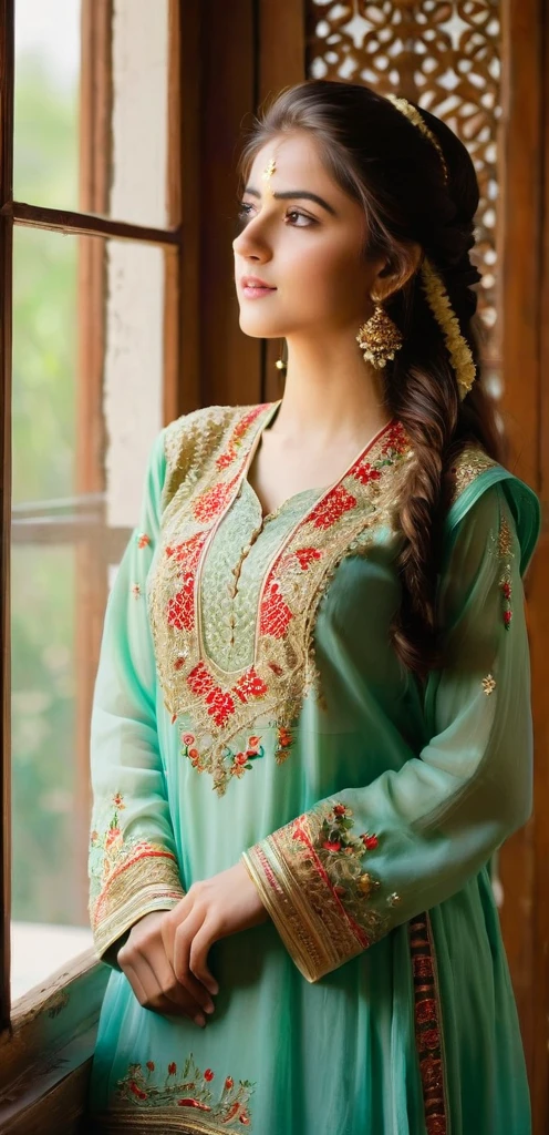 A young, beautiful girl stands near a window, bathed in soft, natural light. She wears a traditional Pakistani dress adorned with intricate embroidery, the vibrant colors contrasting elegantly with the serene backdrop. Her hair cascades gently over her shoulders as she gazes thoughtfully outside, embodying a perfect blend of grace and cultural heritage.