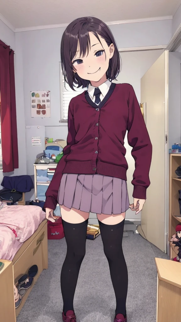 1girl,6yo,(petite),my room,,standing,uniform,cardigans,miniskirt,looking viewer,(smirk),thighhighs,shoes