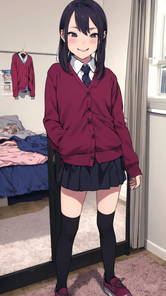 1girl,6yo,(ite),my room,,standing,uniform,cardigans,miniskirt,looking viewer,(smirk),thighhighs,shoes