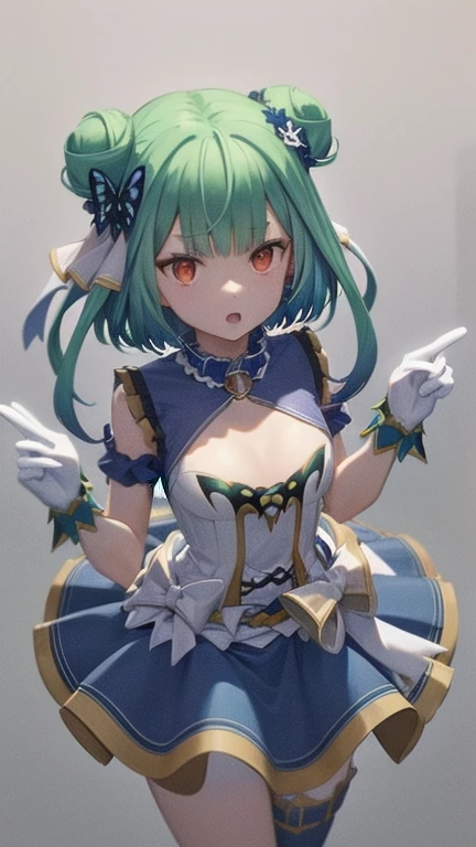 rushia_idol, green hair, short hair, double bun, idol outfit, white gloves, blue bow, butterfly hair ornament anime girl, Yandere, View your viewers, intense expression, close, background image, Dark colors, Dramatic lighting, Big eyes, Detailed Hair, Blue Hair, , Obsessive, Spooky atmosphere, Very detailed, Smooth texture, Captivating Expressions, (masterpiece: 2), Highest quality, Ultra-high resolution, original, Very detailed, Perfect lighting