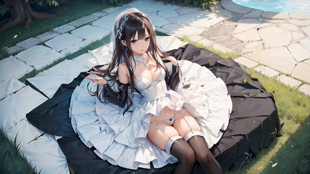((Biologically correct limb count))、(( From head to toe、Full-body photo including face))、4K、((Standing position))、masterpiece、((Focus on the face))、((Symmetrical facial features))、Eyes with detailed description、Beautiful woman、Great style、Beautiful arms、Beautiful legs、Beautiful Hands、(Small Ass、Thin thighs)、Facial detailing、Small earrings、necklace、(black latex wedding dress、((High heels、White garter stockings)))、Black Hair、((Alluring))、Looking up、Sit with your legs stretched out on the grass、Panty shot