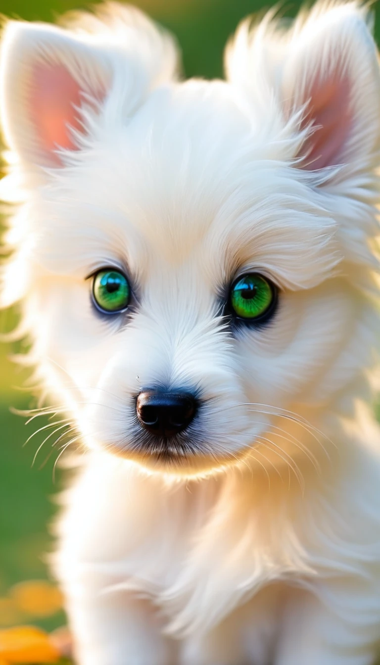 a cute little white puppy with green eyes