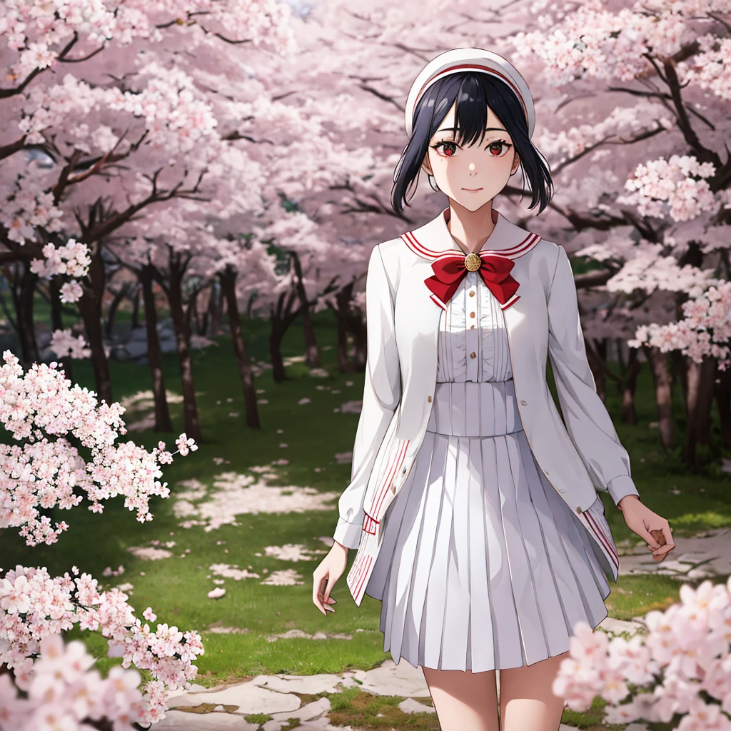 masterpiece, Highest quality, High resolution, hmhy1, short hair, White Hat, beret, Red cardigan, White Dress, Frills, ribbon, Long sleeve, Open clothes, Medium chest, Cowboy Shot, Are standing, cherry blossoms, Outdoor