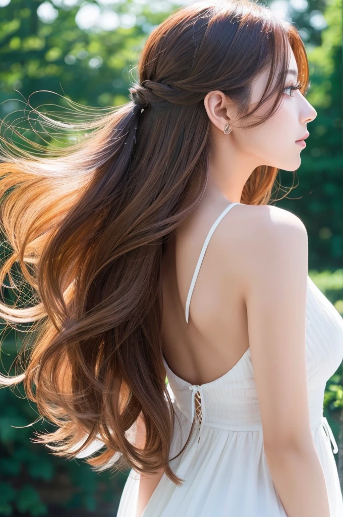 A woman with beautiful hair、Only hair、Back view、photograph、high resolution、straight、natural、White background、Smooth、Fluttering