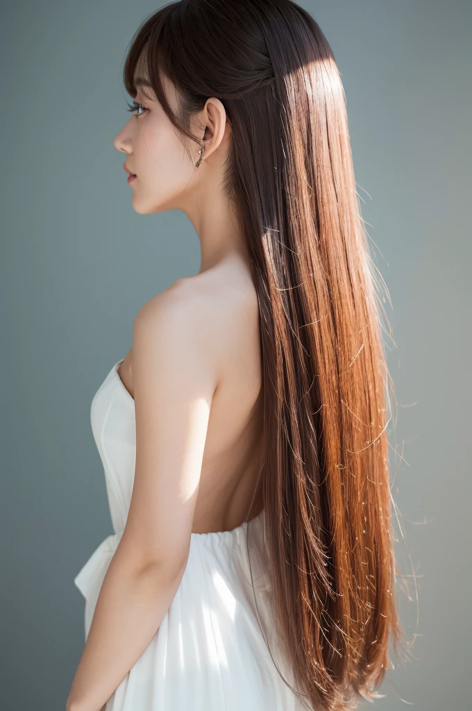 A woman with beautiful hair、Only hair、Back view、photograph、high resolution、straight、natural、White background、Smooth、Fluttering