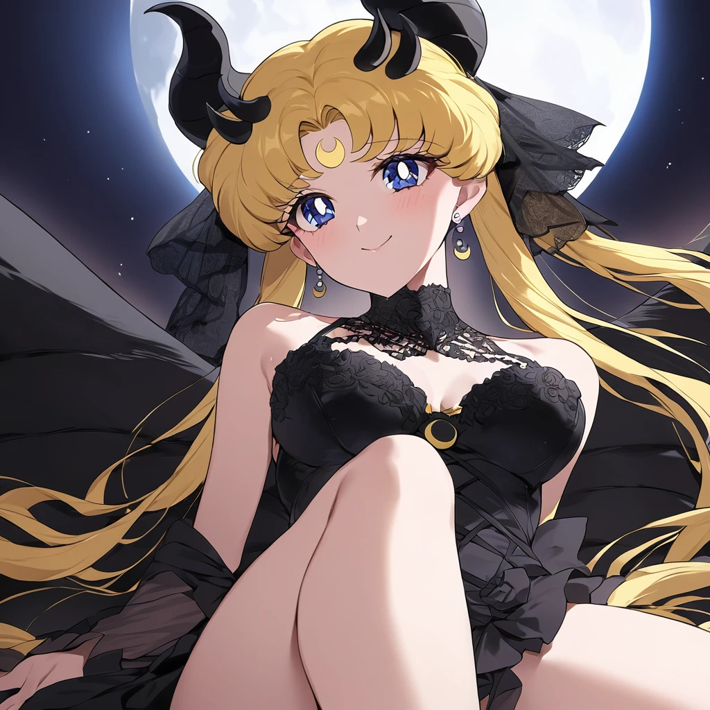 ((Highest quality)), ((masterpiece)), (detailed), (Perfect Face)、The woman is the dark queen of the Black Moon clan, the demon queen Princess Serenity, and the woman is the jet-black, sexy demon princess Serenity.、The woman is a jet-black female demon with magnificent devil horns, jet-black devil wings, and a jet-black tail. Her skin is jet-black, and she has a black inverted crescent moon mark on her forehead. She is a devil bride wearing a gorgeous black Gothic Victorian wedding dress and a black wedding veil. She is the jet-black demon Princess Serenity, and has blonde hair with a happy expression as she looks at the camera.2The expression of a girl in love with her long hair tied up、She is Princess Serenity、Punishment pose on behalf of the moon