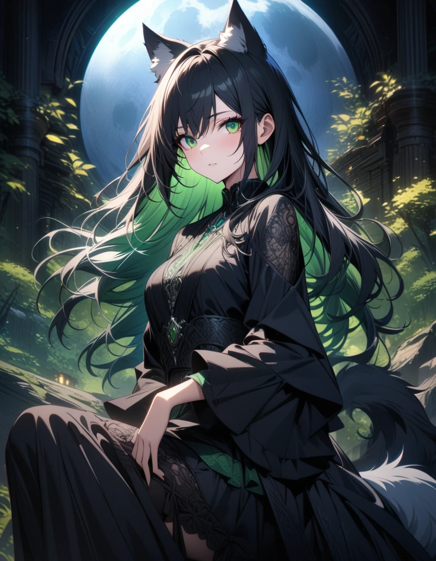 very aesthetic, beautiful green eyes, best quality, ultra detailed, intricate details, (detailed background), absurdres, Wolf under the moon Mysterious atmosphere, aesthetics, long black and light blue