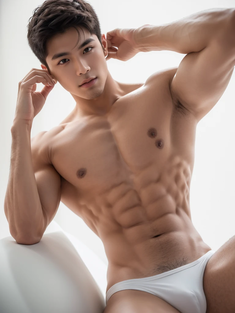 1boy, handsome muscular male, face, white background, amm mc outfit, acmm tp outfit, acmm cp outfit, no shirt,wearing bikini underwear, very attractive, blurry_background, (high detailed skin:0.8), 8k uhd, dslr, soft lighting, HDR, warm light, high quality, film grain, Fujifilm XT3,