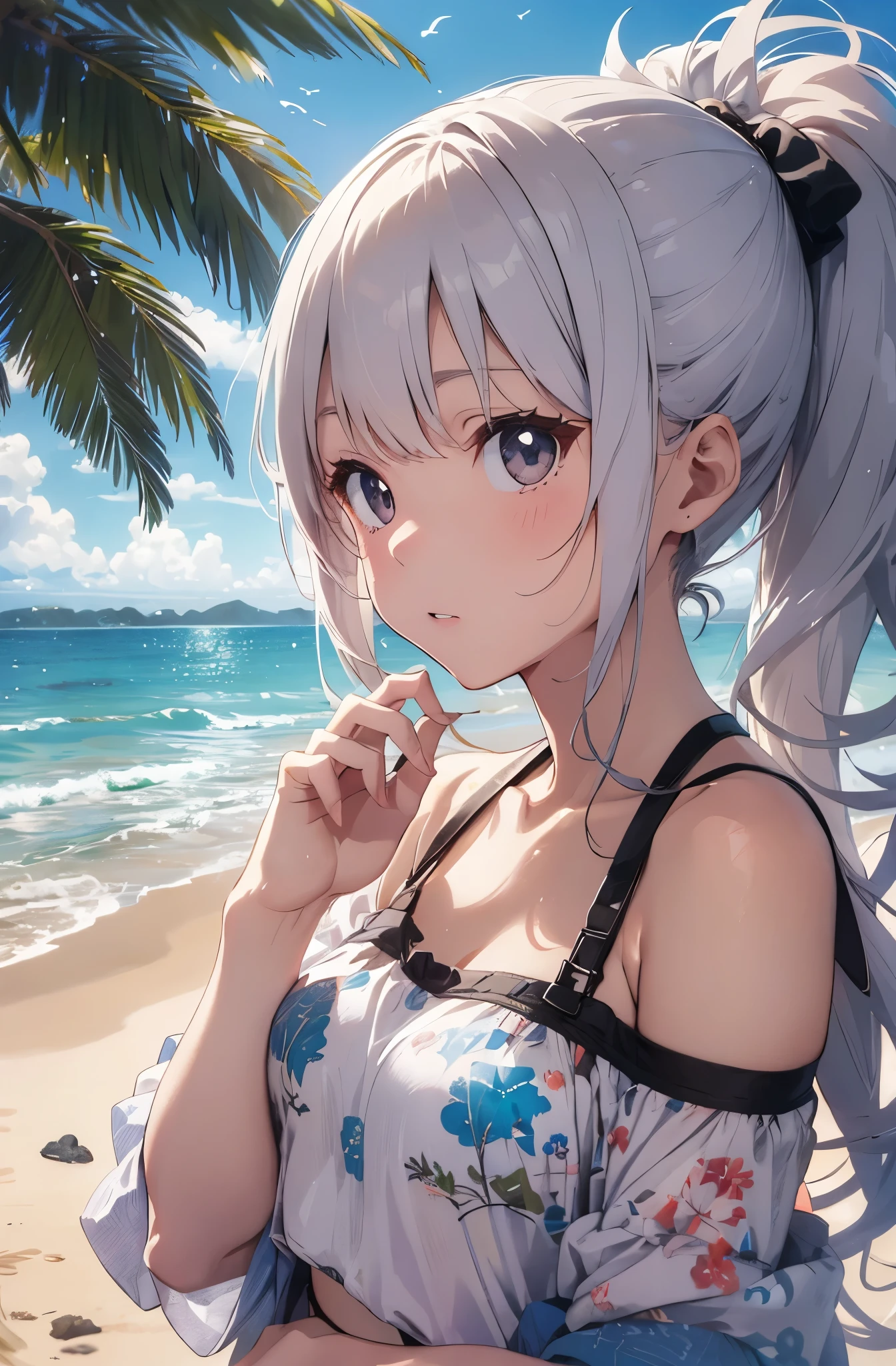 Silver-haired girl drawn in high resolution Japanese anime style、Standing alone on the white sand beach of a deserted island。She is wearing a gorgeous pink bikini.、Her hair is in a ponytail that sparkles in the light...。The sea in the background shines emerald green...、The beach is littered with shells and pebbles.、time々、Small waves gently wash up on the shore。Tropical wood々Swaying in the Wind、Mr...々Among the branches々Birds are singing..。wood々Colorful flowers blooming in abundance、The entire island is filled with abundant nature...。On the horizon of a distant sea、The setting sun casts a beautiful orange glow over the ocean.、It gives the whole place a mystical feel...。、Wakame seaweed、Wakame seaweed、Wakame seaweed、Wakame seaweed、Wakame seaweed、Wakame seaweed、