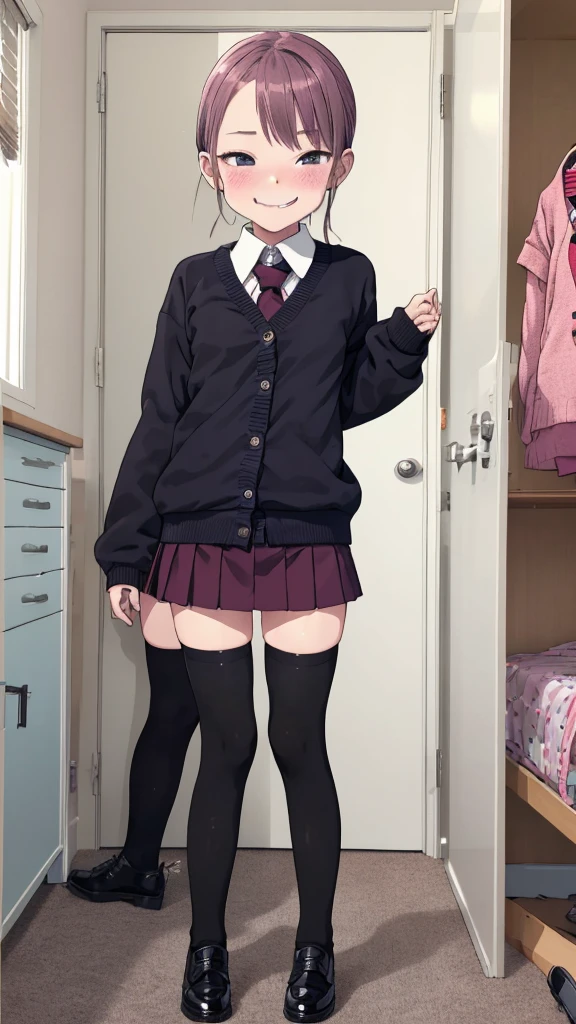 1girl,6yo,(petite),my room,,standing,uniform,cardigans,miniskirt,looking viewer,(smirk),thighhighs,shoes,blush,sweating