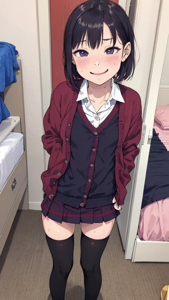 1girl,6yo,(petite),my room,,standing,uniform,cardigans,miniskirt,looking viewer,(smirk),thighhighs,shoes,blush,sweating