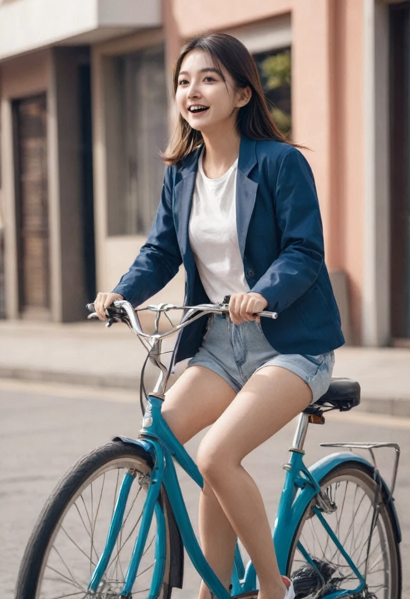 A girl riding a bicycle without worrying about her panties