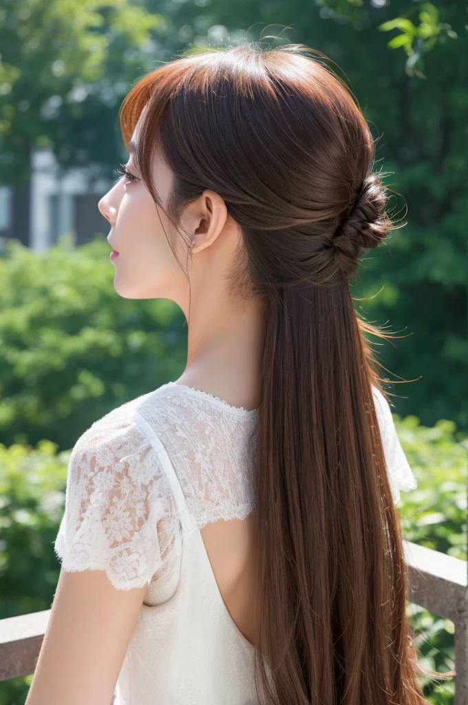 A woman with beautiful hair、Only hair、Back view、photograph、high resolution、straight、natural、White background、Smooth、Fluttering