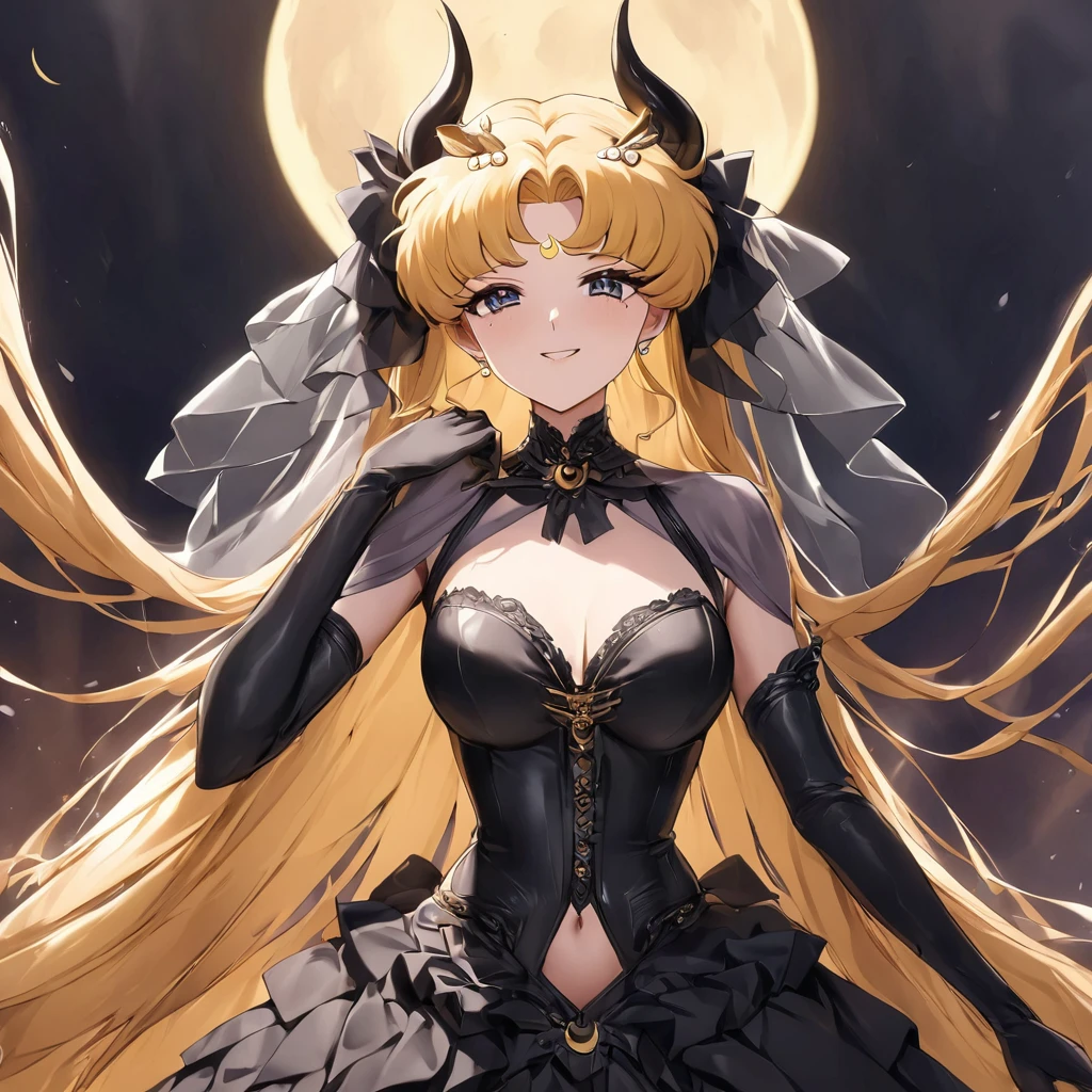 ((Highest quality)), ((masterpiece)), (detailed), (Perfect Face)、Black moon mark on forehead、The woman is the Dark Queen of the Black Moon of the Black Moon Clan, the Demon Queen Black Serenity, and the woman is the sexy, jet-black-skinned demon princess Serenity.、The woman is a jet-black female demon with magnificent devil horns, jet-black devil wings, and a jet-black tail. Her skin is jet-black, and she has a black inverted crescent moon mark on her forehead. She is a devil bride wearing a gorgeous black Gothic Victorian wedding dress and a black wedding veil. She is the jet-black demon Princess Serenity, and has blonde hair with a happy expression as she looks at the camera.2The expression of a girl in love with her long hair tied up、Woman is Black Serenity、Punishment pose on behalf of the moon
