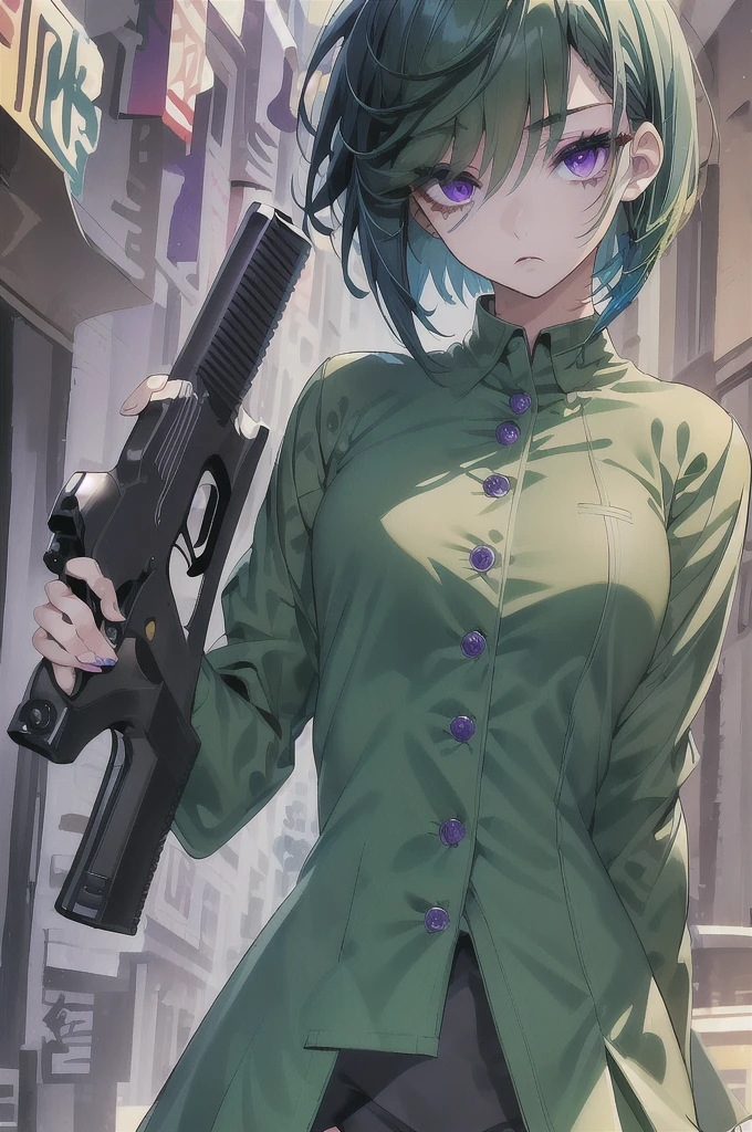 detailed、Slit eyes、Beautiful eyelashes、Purple Eyes、short hair、Green Hair、Upper Body、8K.I have a gun、girl、cyber-clothes、Brave face、Vibrant colors、Strong color scheme、Background Black、Fluffy short bob、No cut-off、Vivid Color