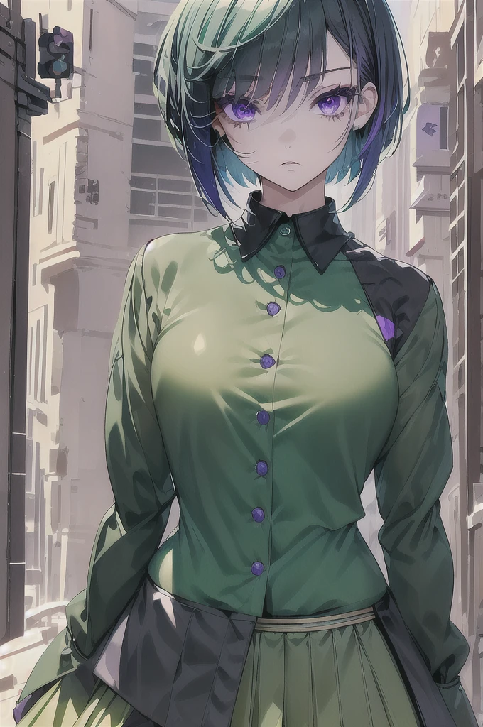 detailed、Slit eyes、Beautiful eyelashes、Purple Eyes、short hair、Green Hair、Upper Body、8K.I have a gun、girl、cyber-clothes、Brave face、Vibrant colors、Strong color scheme、Background Black、Fluffy short bob、No cut-off、Vivid Color