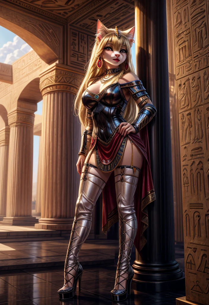 UHD 8k, HDR+, cute blonde anthro female Cat with a necklace, large piercing eyes, huge earrings, giant earrings, her long blonde hair falls over her shoulders, fluffy cat with a snow-white fluffy tail, black high heel boots, high heels, black leather armor, Against the background of the Egyptian pharaoh's palace, detailed background, detailed background, realistic, 1girl, solo girl, 20 year old girl, ultra realistic face, hyperrealistic, hyperdetailed, (looking at viewers), sharpen, detailed face, detailed eyes, detailed lips, red lips, beautiful face, 16k, FHD, raw photo, cute face mesh, pretty face mesh, portrait shot 8 k