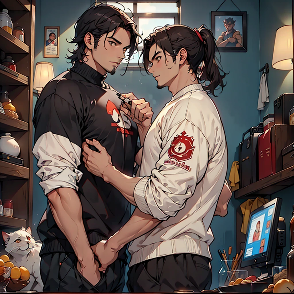 Junkotvv a girl con orejas de gato and neocruz a boy con barba, playing video games together in a room full of 80s style anime and posters in neon tones with video game controllers in their hands and enjoying