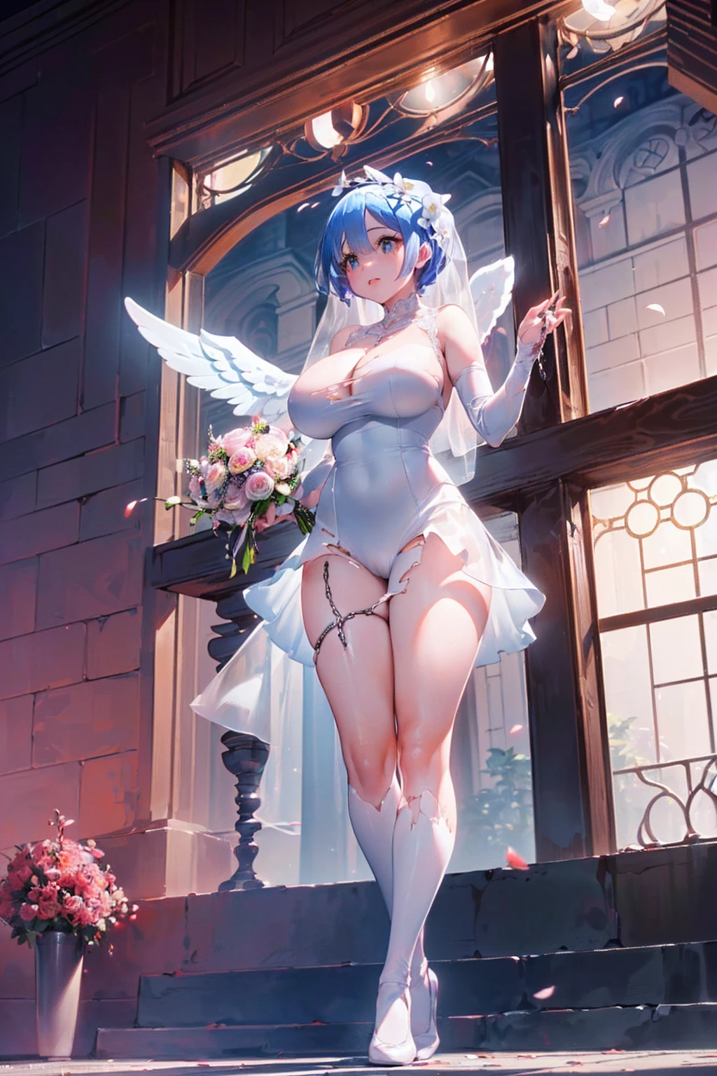 Fantasy World、Take Off、fly in the sky、(((((Huge angel wings flapping))))),(((((((Clothes are torn and  are visible))))))),(((Body bound in chains))),Short Hairstyles、Full moon night、Cherry Blossoms at Night、((((wedding)))),bride、((Church stained glass))、((Long skirt))、pipe organ、((Reaching out))、((((Throwing bouquets))))、(((((((Pure white wedding dress)))))))、(((((((Wedding dress ripped to shreds))))))),(((((Fisheye Lens)))))、((((Super huge breasts))))、(((Plump thighs)))、(((Rem from Re:Zero)))、looking at the camera、High qualityHigh quality、8ｋ、(((((Full body description)))))、Chest、Fantastic、looking at the cameraで、(((Cherry blossoms fluttering down)))、Red carpet、Very tall、((Torn knee-high socks))