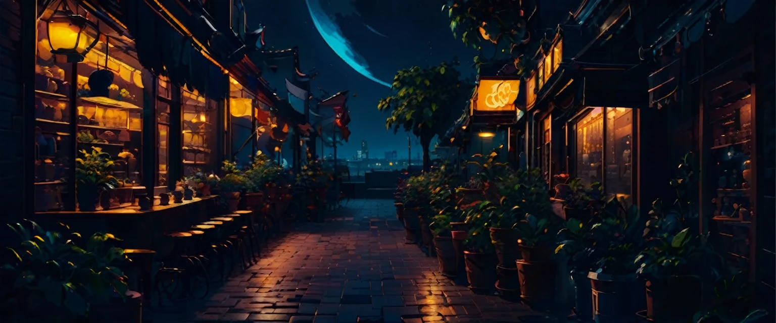 No humans, Outdoor, null, night, moon, plant, coffee shop, star (null), night null, scenery, city, sign, potted plant, Wide Shot, crescent moon, Neon Light, pixel art, pixel