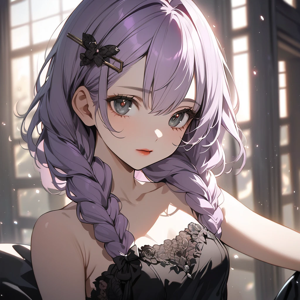 (Cute a girl:1.5), (a girl with closs hair pin,pale purple hair,Her hair is braided and up.,bluntbangs hair,green and black eyes,look at viewer :1.4),
(masterpiece:1.3), anime visual, (Lovey-dovey:1.5), (tilt head:1.3), extremely delicate face, soft clean focus, realistic lighting and shading, (an extremely delicate and beautiful art:1.3), elegant, (muted colors:1.1), small breast,slim,One-shoulder jet black wedding dress, crimson lips, upturned eyes, portrait, wide open eyes, silver light effect in the background,