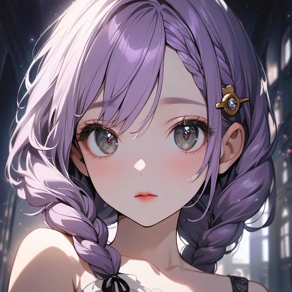 (Cute a girl:1.5), (a girl with closs hair pin,pale purple hair,Her hair is braided and up.,bluntbangs hair,green and black eyes,look at viewer :1.4),
(masterpiece:1.3), anime visual, (Lovey-dovey:1.5), (tilt head:1.3), extremely delicate face, soft clean focus, realistic lighting and shading, (an extremely delicate and beautiful art:1.3), elegant, (muted colors:1.1), small breast,slim,One-shoulder jet black wedding dress, crimson lips, upturned eyes, portrait, wide open eyes, silver light effect in the background,