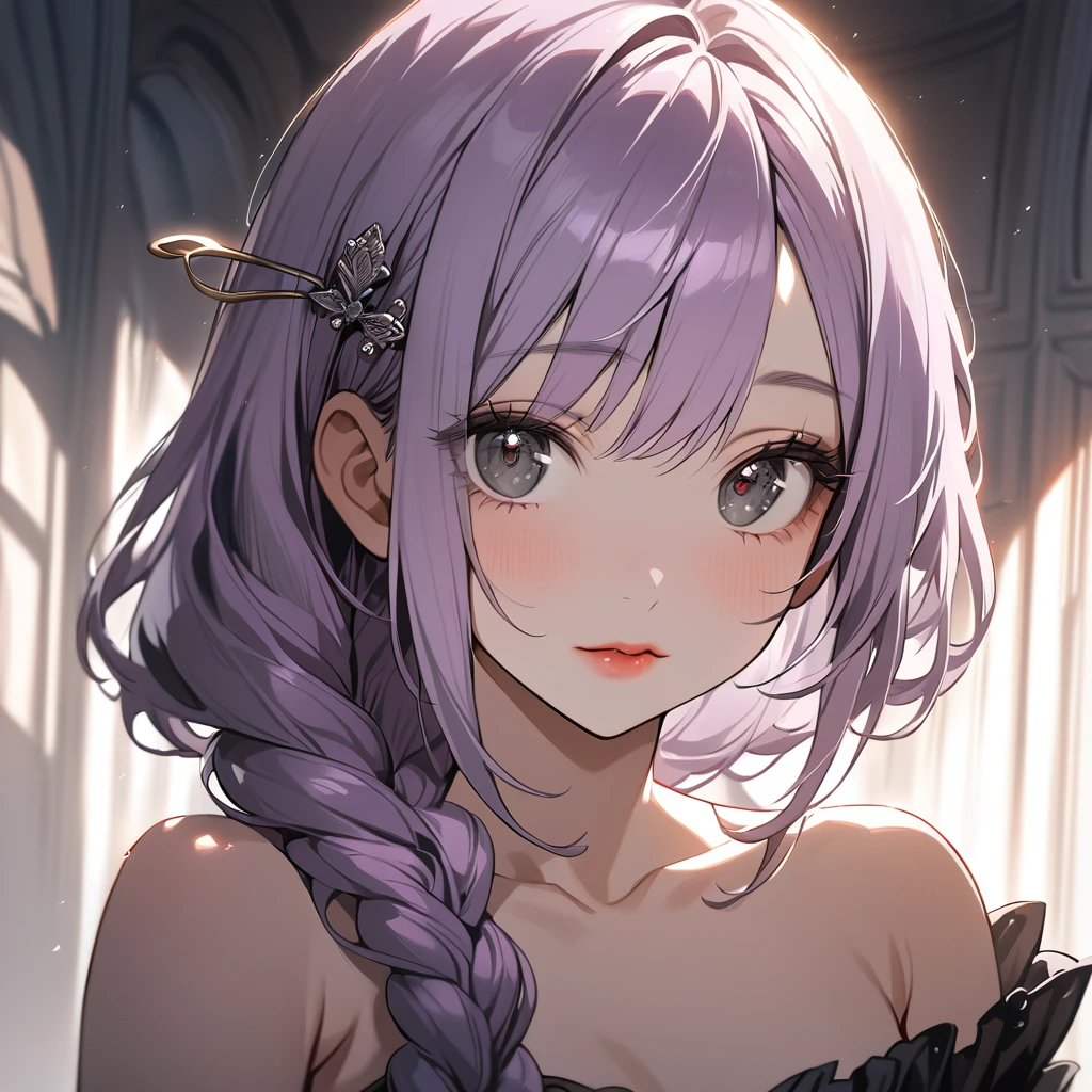 (Cute a girl:1.5), (a girl with closs hair pin,pale purple hair,Her hair is braided and up.,bluntbangs hair,green and black eyes,look at viewer :1.4),
(masterpiece:1.3), anime visual, (Lovey-dovey:1.5), (tilt head:1.3), extremely delicate face, soft clean focus, realistic lighting and shading, (an extremely delicate and beautiful art:1.3), elegant, (muted colors:1.1), small breast,slim,One-shoulder jet black wedding dress, crimson lips, upturned eyes, portrait, wide open eyes, silver light effect in the background,