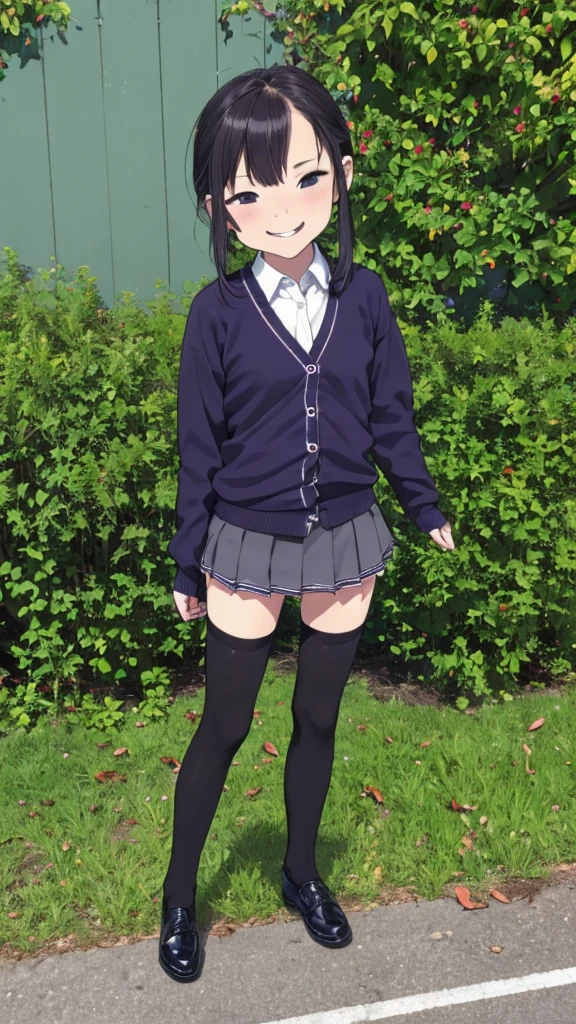 1girl,6,(pee),outdoor,uniform,cardigans,miniskirt,looking viewer,(smirk),thighhighs,shoes