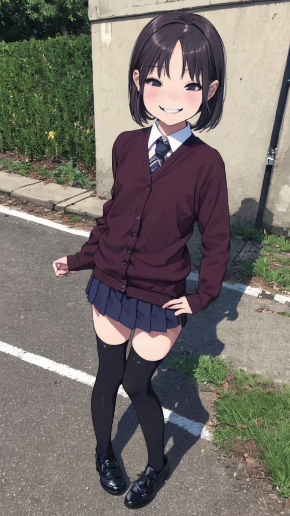 1girl,6yo,(petite),outdoor,uniform,cardigans,miniskirt,looking viewer,(smirk),thighhighs,shoes