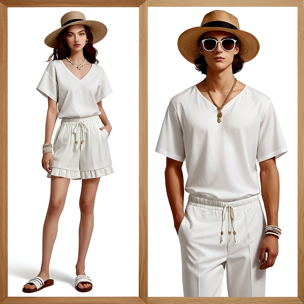 candid fashion illustration of young man and woman, both aged 20 year old, ((showcase fashion in a White cotton-rayon outfits)), inspired by Christian Dior's resort collection in elegant bohemian style. The man wears an oversized short-sleeved white shirt, paired with relaxed-fit white Drawstring short Pants, He completes his look with white leather-strap flip-flops, wooden-framed sunglasses, and a woven bracelet. The woman complements him in a white rayon dress with Drawstring and ruffle ruffle skirt details, Her ensemble includes an accessorizes with a wide-brimmed straw hat, beaded-strap sandals and necklace. Captured in a ((full-body pose)), ((paper material background)), realistic charcoal lines, imperfect drawing, charcoal lines, fading sketch, quick Sketch, (Eddie Mauro-mix), HD high resolution, style of surrealism, Best texture,（Skin texture portrayal：1.2），Fair and translucent skin，（Extremely detailed depiction of facial features：1.4），Refined makeup，Eye detail portrayal，The pupils are bright，（Hair details depicted:1.4），Lips are shiny and delicate，（The ultimate in face portrayal:1.4），Light-sensitive，Chasing the light，Hyper Real，