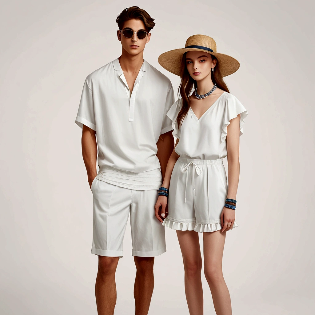 candid fashion illustration of young man and woman, both aged 20 year old, ((showcase fashion in a White cotton-rayon outfits)), inspired by Christian Dior's resort collection in elegant bohemian style. The man wears an oversized short-sleeved white shirt, paired with relaxed-fit white Drawstring short Pants, He completes his look with white leather-strap flip-flops, wooden-framed sunglasses, and a woven bracelet. The woman complements him in a white rayon dress with Drawstring and ruffle ruffle skirt details, Her ensemble includes an accessorizes with a wide-brimmed straw hat, beaded-strap sandals and necklace. Captured in a ((full-body pose)), ((paper material background)), realistic charcoal lines, imperfect drawing, charcoal lines, fading sketch, quick Sketch, (Eddie Mauro-mix), HD high resolution, style of surrealism, Best texture,(Skin texture portrayal:1.2),Fair and translucent skin,(Extremely detailed depiction of facial features:1.4),Refined makeup,Eye detail portrayal,The pupils are bright,(Hair details depicted:1.4),Lips are shiny and delicate,(The ultimate in face portrayal:1.4),Light-sensitive,Chasing the light,Hyper Real,