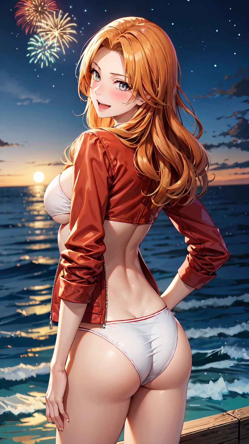 Masterpiece ,best quality , high resolution , (1 girl solo:1.38) , (rangiku , grey eyes , long wavy hair , orange hair , tall, slim body) , (wear bikini , red jacket , strapless , head tilt) , (cleavage:1.15) , (big breast:1.1) , (outdoor, firework , on neach , sea , ocean , night , moonlight , romance light) , (standing cowboy shot) , ( full face blush , shy , smile , open mouth) , (back view , from nehind , head back , looking view)