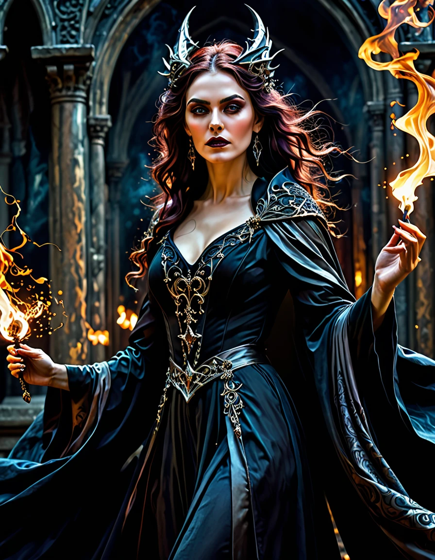 intricate gothic witch,dark flowing robes,billowing robes,commanding fiery energy,intense expression,spellbinding magic,vibrant painting,impeccable details,rich scene,dynamic pose,mystical aura,dramatic lighting,dramatic shadows,dramatic atmosphere,dark beauty,chiaroscuro,moody tones,dramatic colors,dramatic highlights,dramatic shadows,dramatic rendering,highly detailed,hyper-realistic,cinematic,masterpiece,award winning,ethereal,otherworldly,mesmerizing,captivating