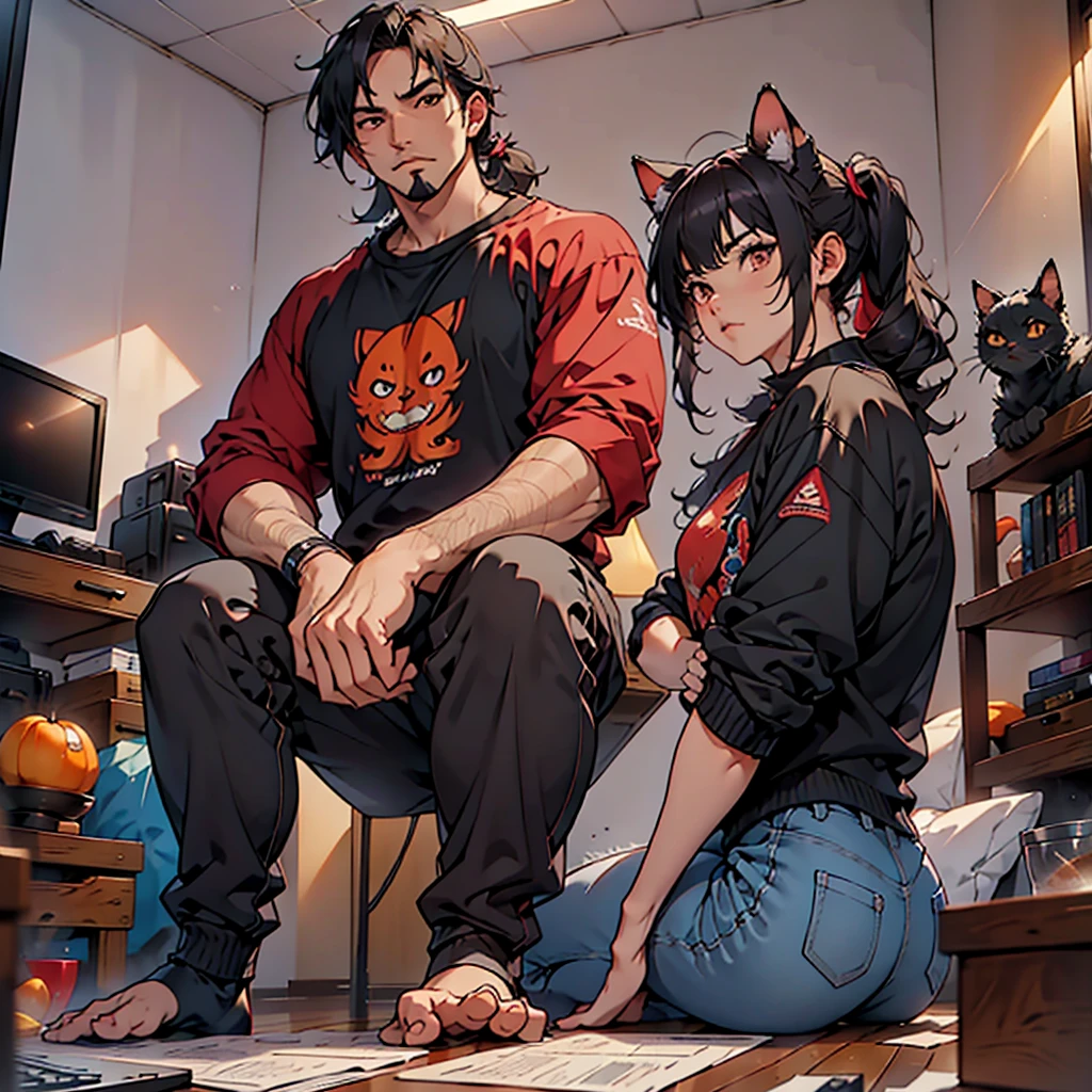 (Junkotvv a girl con orejas de gato) and (neocruz a boy con barba y sin orejas de gato), playing video games together in a room full of 80s style anime and posters in neon tones with video game controllers in their hands and enjoying