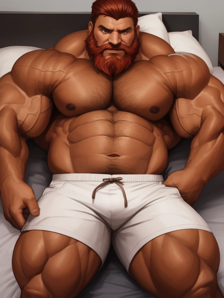 solo, 1boy, perfect anatomy, perfect proportion. Huge Muscular Old man lying in bed, sleep in bed, (white shorts), view from side, pectoral, thick arms, huge pectoral, short hair, red beard and hair, simple background, masterpiece, semirealistic:1.2, high detailed, 8k, high resolution, perfect center, full view.