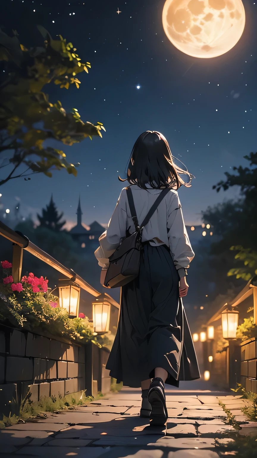 A dark-haired girl walking through a castle garden on a full moon night