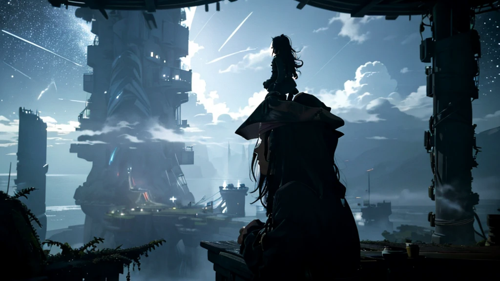 Octane, null, star (null), scenery, starry null, night, Capitan Jack Sparrow,silhouette、 night null, alone, Outdoor, building, cloud, milky way, Sitting, wood, Long Hair, city, silhouette, cityscape